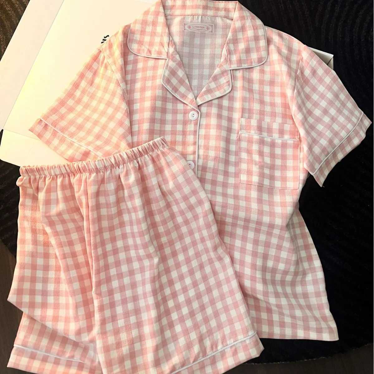 Women's Sleep Lounge Korean Version Women's Pajamas Summer New Bubble Cotton Short-Sleeve Shorts Plaid Simple Loose Cute Home Wear Summer