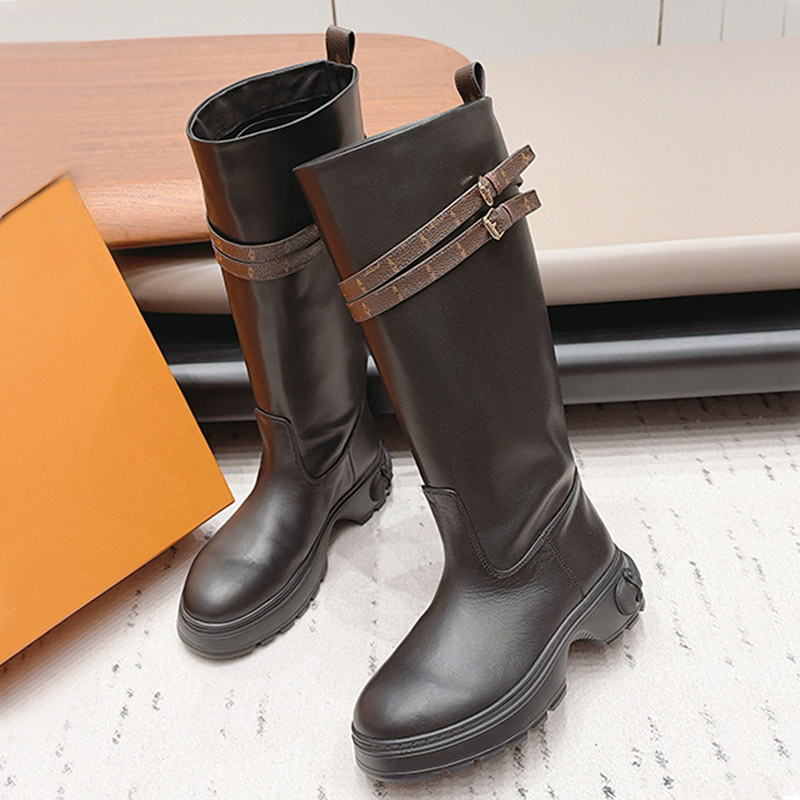 Double Belt Embellished Thick Soled Shoes Leather Womens Knee High Boots Printed Double Ribbon Platform Autumn Winter Boots