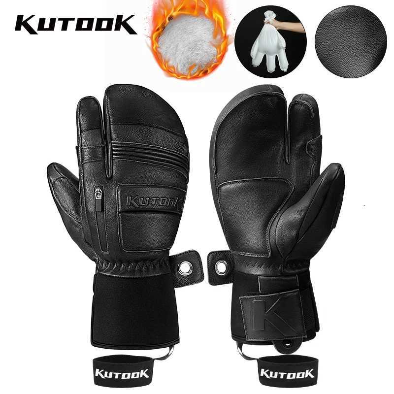 Ski Gloves KUTOOK Goatskin Leather Ski Gloves Mittens Waterproof Thicken Winter Snow Snowboard Gloves Thermal Warm Skiing Gloves for Men Q260923