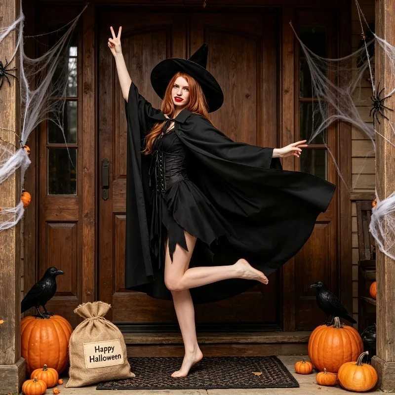 Halloween roleplaying costumes Theme Costume Halloween Classic Black Singlelayer Halloween Cloak Witch Reaper Roleplaying Costume Suita C260923
