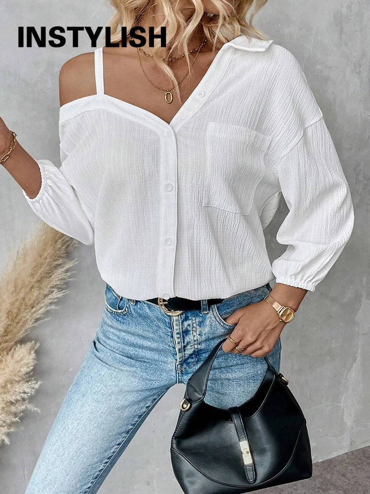 Women Elegant Off Shoulder Three Quarter Shirt Sexy Blouse Casual Solid Buttons Loose Shirt Office Lady Tops Streetwear Tunics 260923
