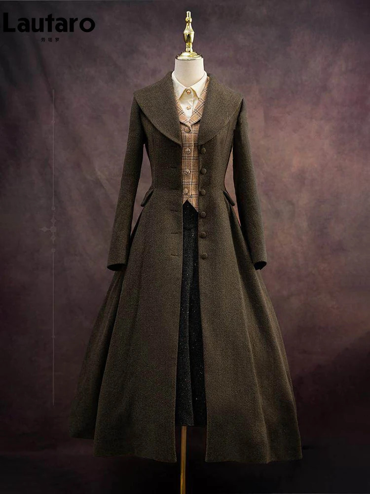 Lautaro Autumn Winter Long Warm Wool Blends Coat for Women Shawl Collar Single Breasted Elegant Fit and Flare Woolen Overcoat 260922