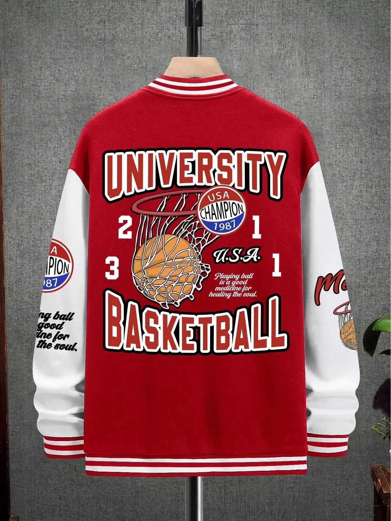 Summer Manfinity EMRG Oversized Men's Drop Shoulder Varsity Jacket with Letter Graphic Striped Trim and Colorblock Design T260924