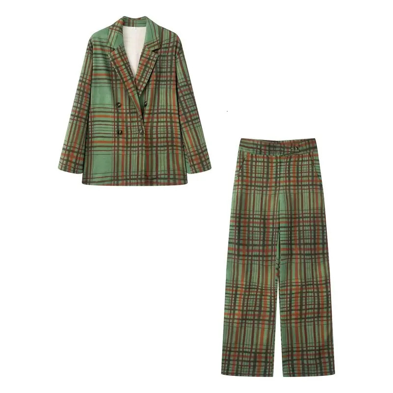 Womens Casual Green Striped Blazer Suit Set Spring Summer Two Piece Outfit Comfortable Wide Leg Pants for Travel 260924