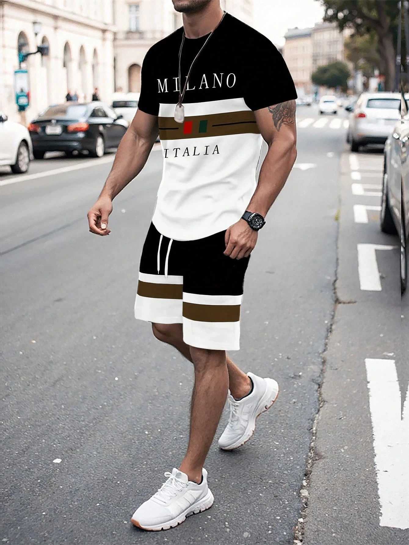 Summer Men's Stripe Letter Print Short Sleeve Top Shorts 2 Pieces Set Oversized Loose Round Neck T-shirt Man Drawstring Shorts T260924