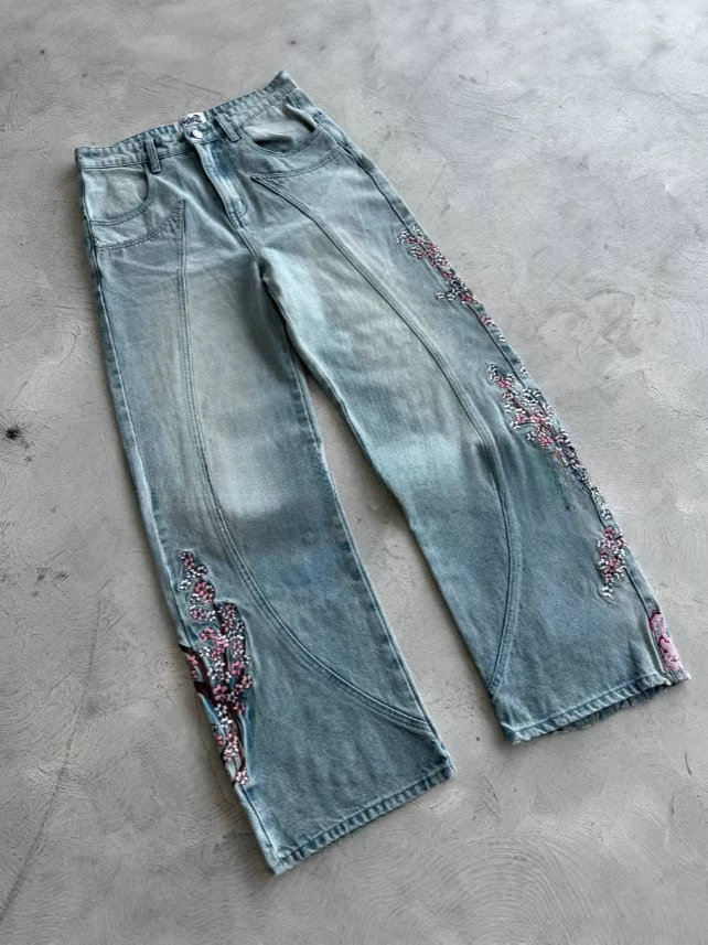 Vintage slimming loose-fit jeans with embroidered plum blossom design, fashionable and versatile wide-leg long pants, summer thin style dongdumaoyi