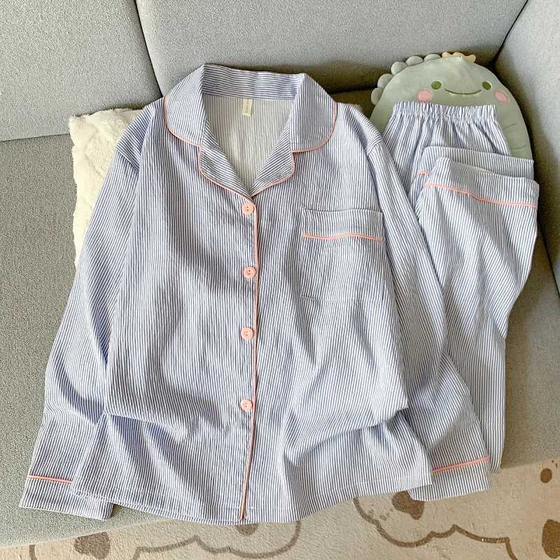 Women's Sleep Lounge Spring and Autumn New Striped Pajamas Women's Long Sleeve Cardigan Flip Collar Sweet and Cute Home Clothes Two Piece