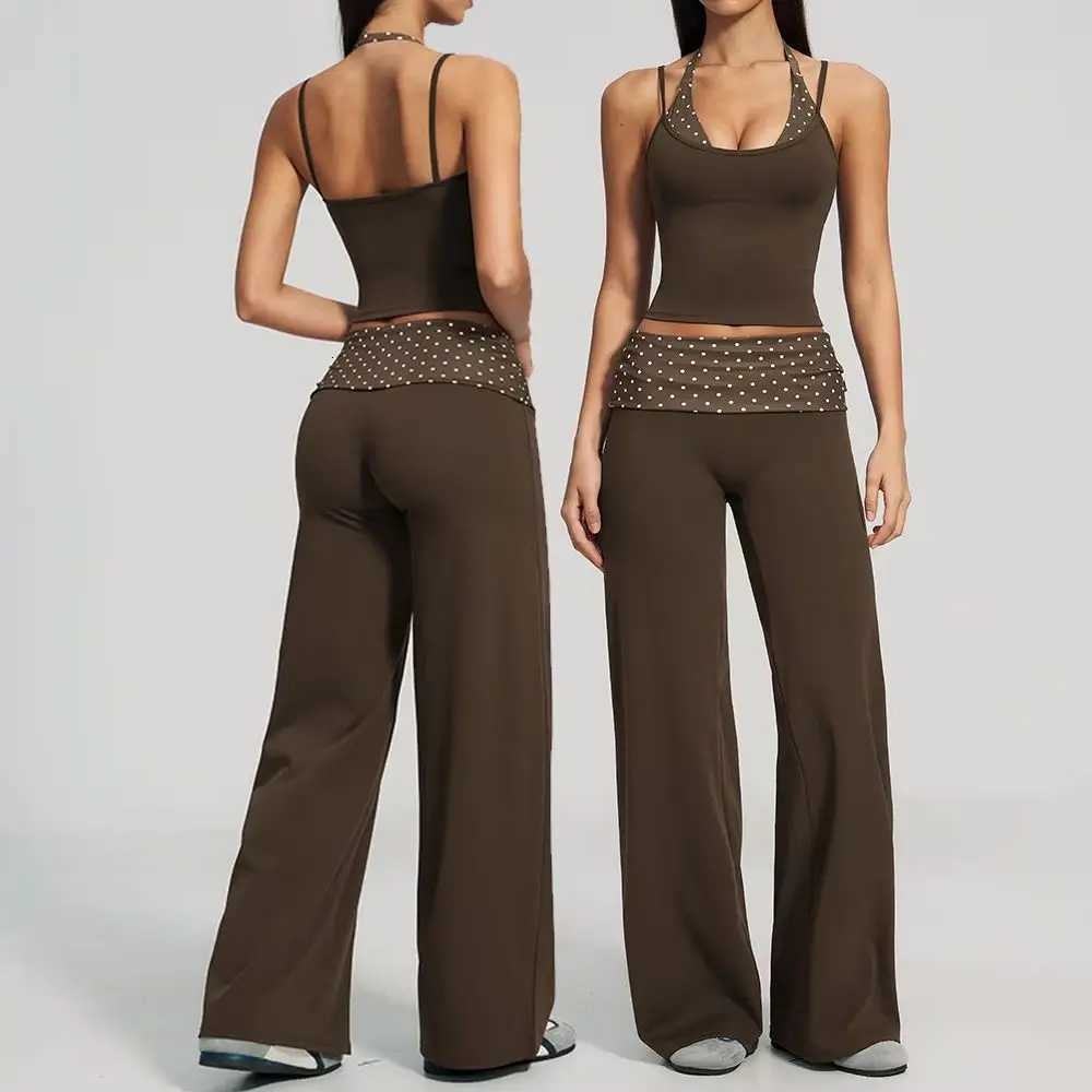 Outfit Women's 2 Piece Yoga Set Halter Neck Crop Top Fold Over Waist Wide Legged Flare Trousers Polka Dot Striped Gym Workout Running N260924