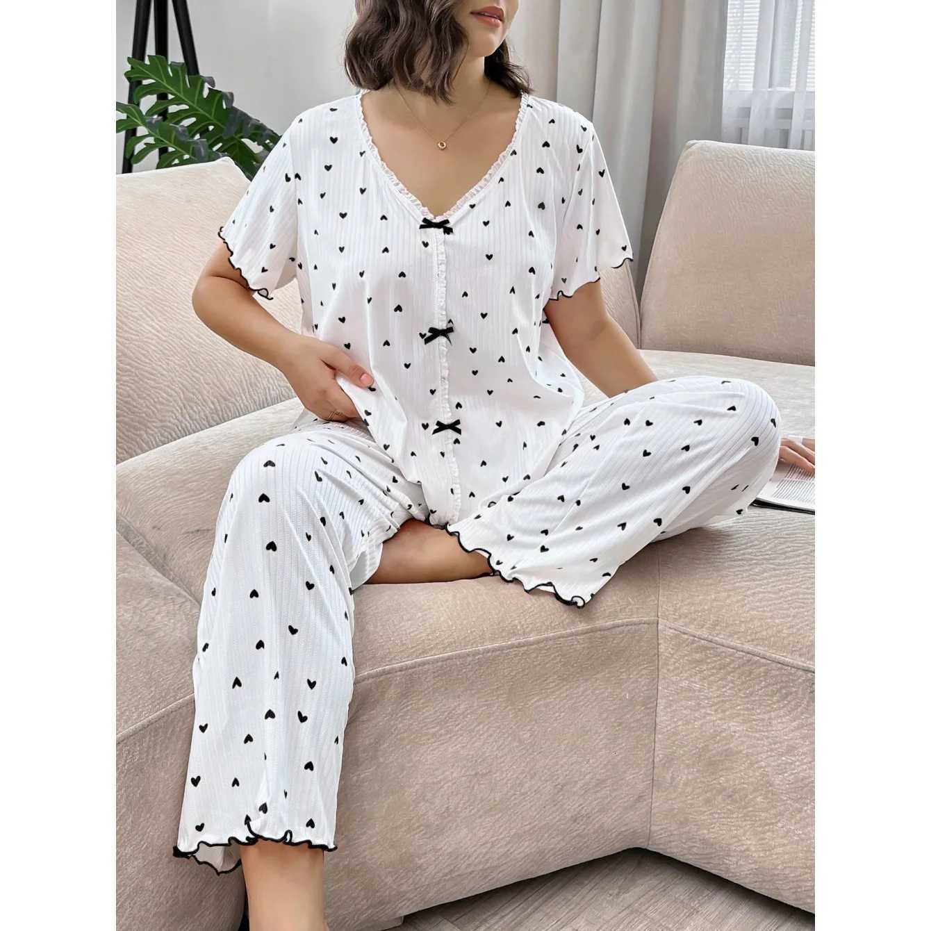 Women's Sleep Lounge Women's Spring and Summer American-Style Plus-Size Pajamas Homewear Heart Print V-Neck Short Sleeve and Long Pants Lo