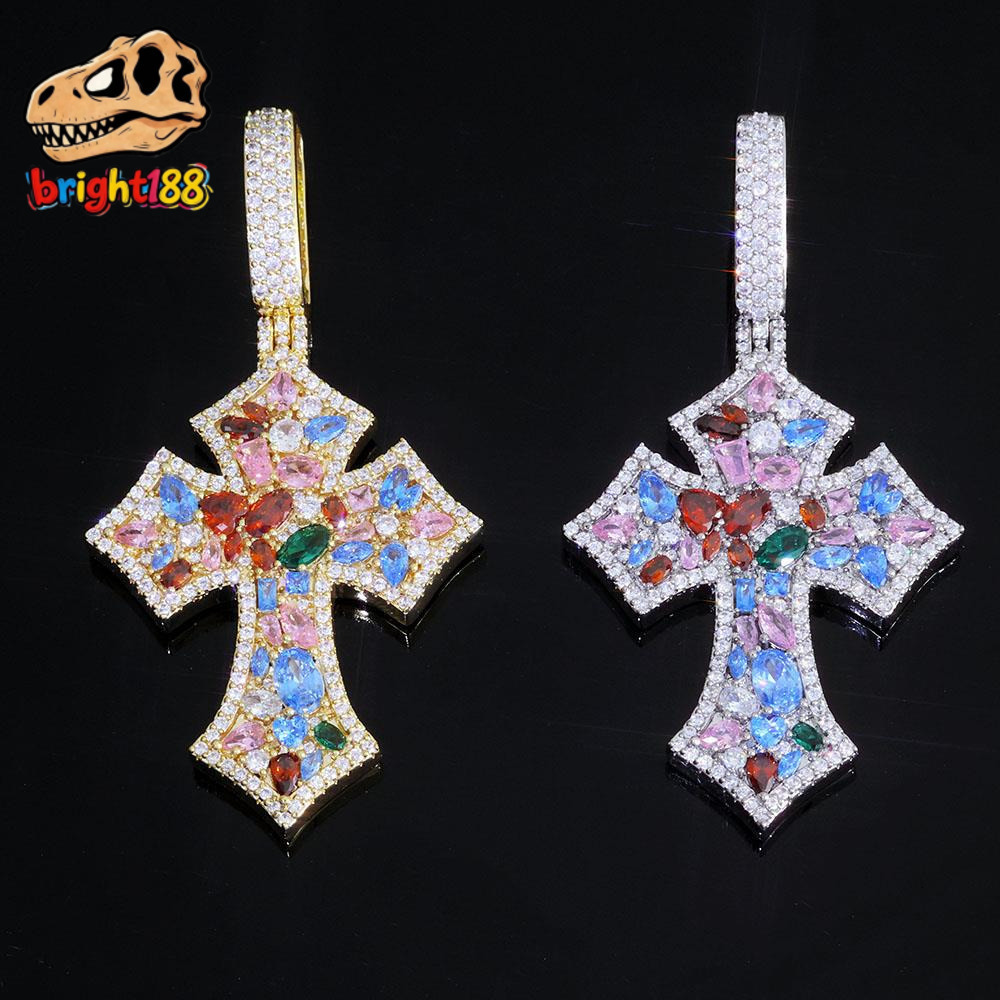 2026 new style Custom Colorful Moissanite Iced Out Cross Pendant for Women High Quality Multi Color Diamond Pendant Hip Hop Rappers Jewelry