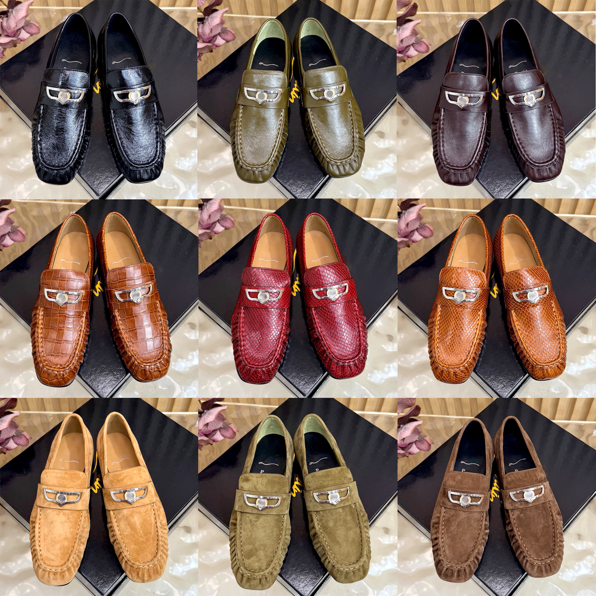 red sole Business Casual Loafers Men Women luxury Designer moccasin Metal logo Dress Shoes Snake Embossed Fashion New Suede Genuine Leather Slip On