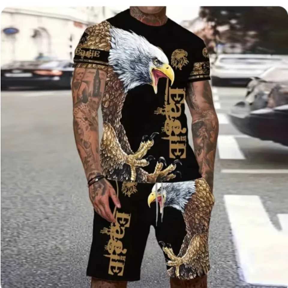 2024 Fashion Men's Suit Printed Vintage Eagle Pattern Summer Casual Breathable Sports Running Suit Oversized Men's Top Y2K Style T260924