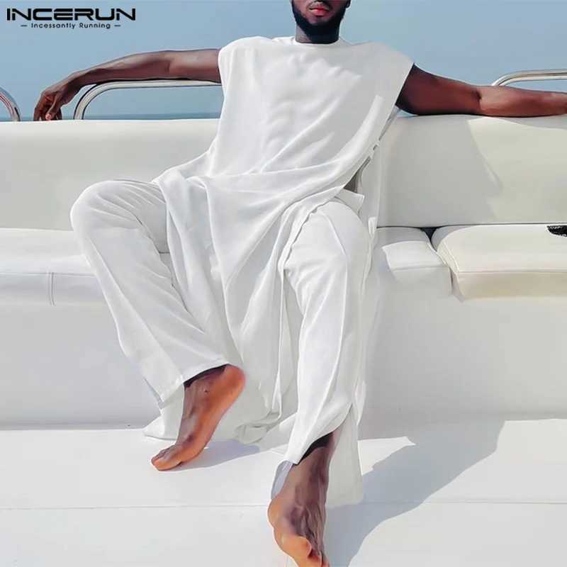 INCERUN Men Sets Muslim Clothing Saudi Arabia Solid O-neck Sleeveless Kaftan Jubba Thobe Pants 2PCS 2024 Islamic Men's Suits T260924