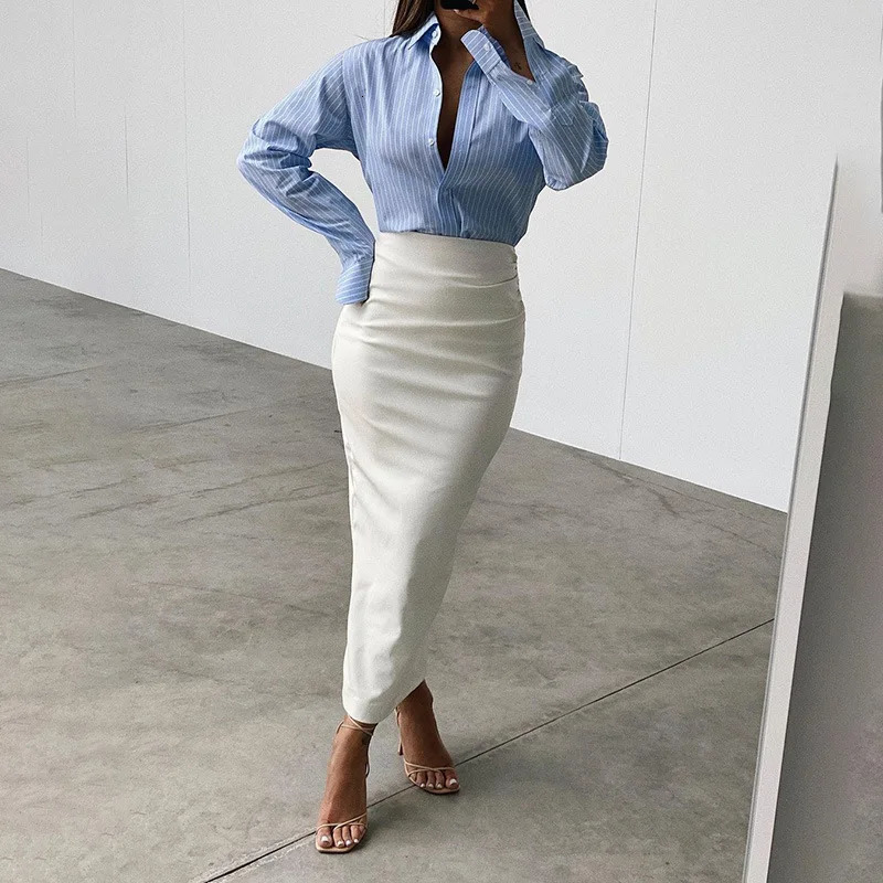 Women Autumn Sexy High Waist Bodycon Skirt Fashion Adults Slim-fit Solid Color Slit Leather Long Skirt BlackWhite 260923