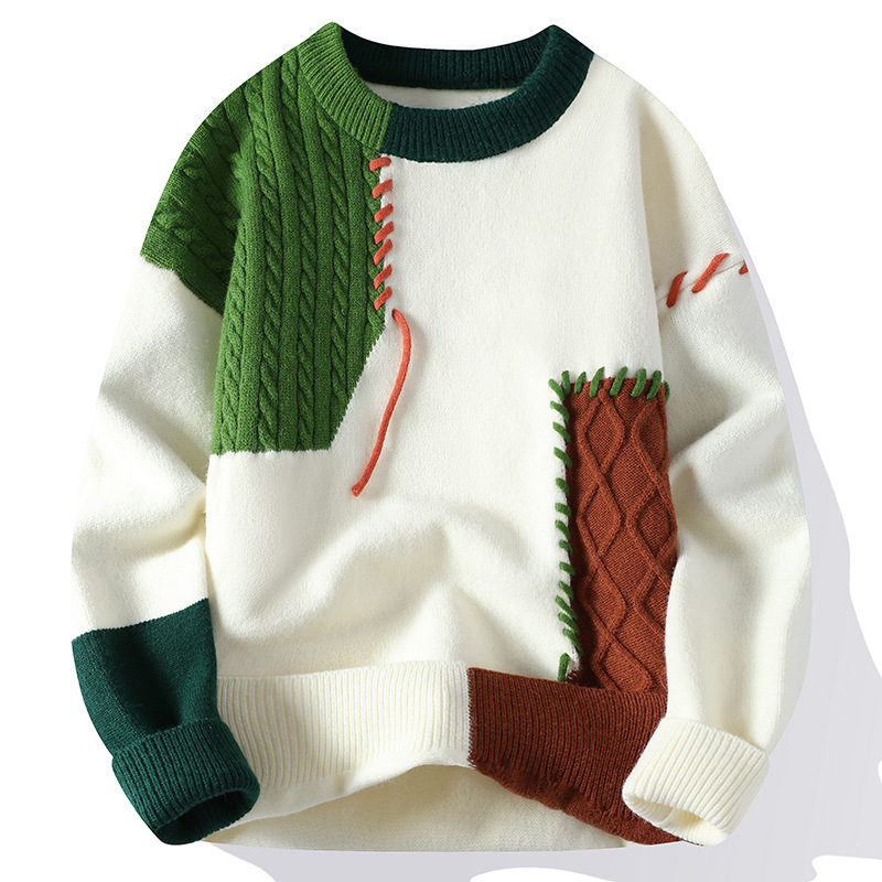 New Male Patchwork Sweater Trend High Street Fashion Autumn and Winter Warm Mens Hip-hop Street Clothing Men pullover shirt