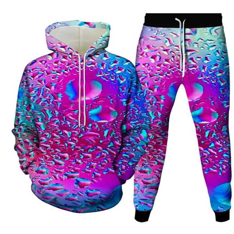 Funny Fresh Water Droplets on Leaves Print Men's Hoodie Pants 2-Piece Outfits Men Hooded Sweatshirt Sets Tracksuit Suits T260924