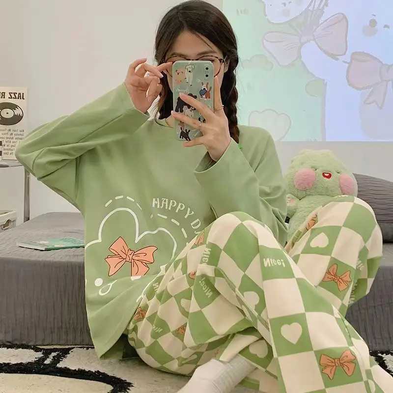 Women's Sleep Lounge Spring and Autumn New Women's Pajamas Homewear Suit Girls Thin Section Long-Sleeved Students Big Yards Cartoon Loose