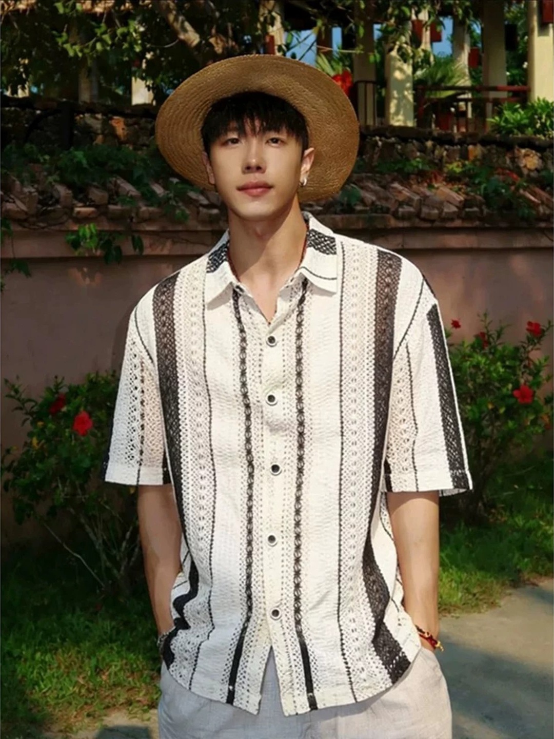 Summer Beach Vacation Men's Cuban Collar Short Sleeve Shirt Quiet Luxury Loose Hollow Knit Relaxed Fit Casual Blouse