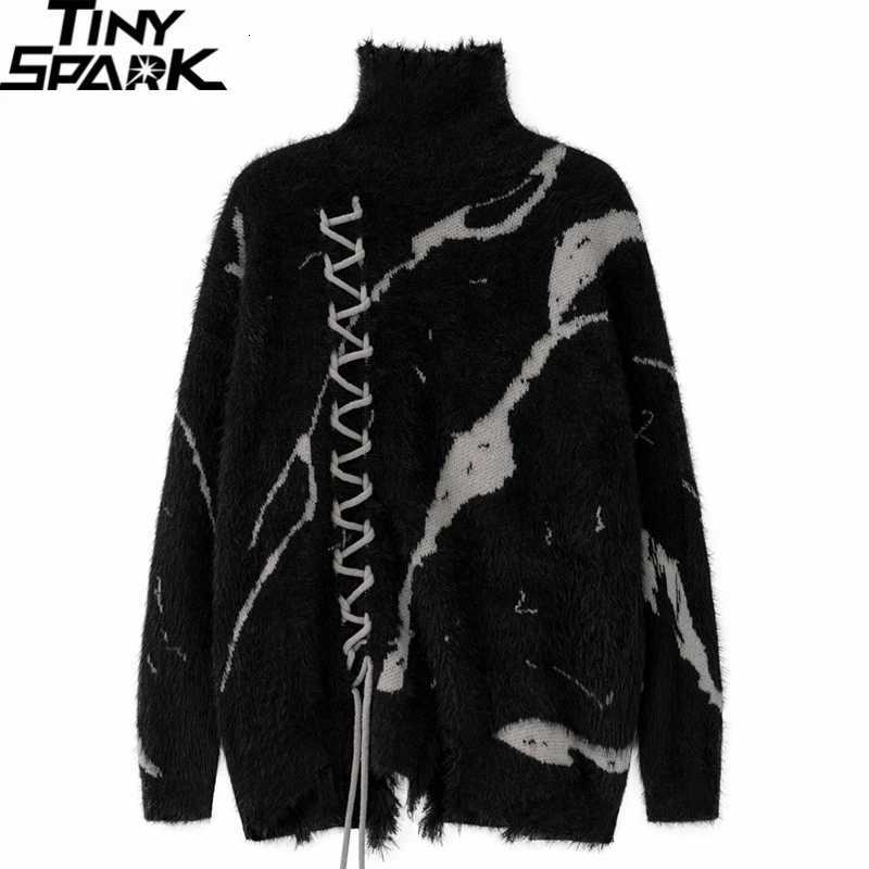 Sweaters 2025 Men's Men Turtleneck Sweater Streetwear Distressed Knitted Sweater Ripped Hole Hip Hop Retro Pullover Harajuku Sweater Soft Black