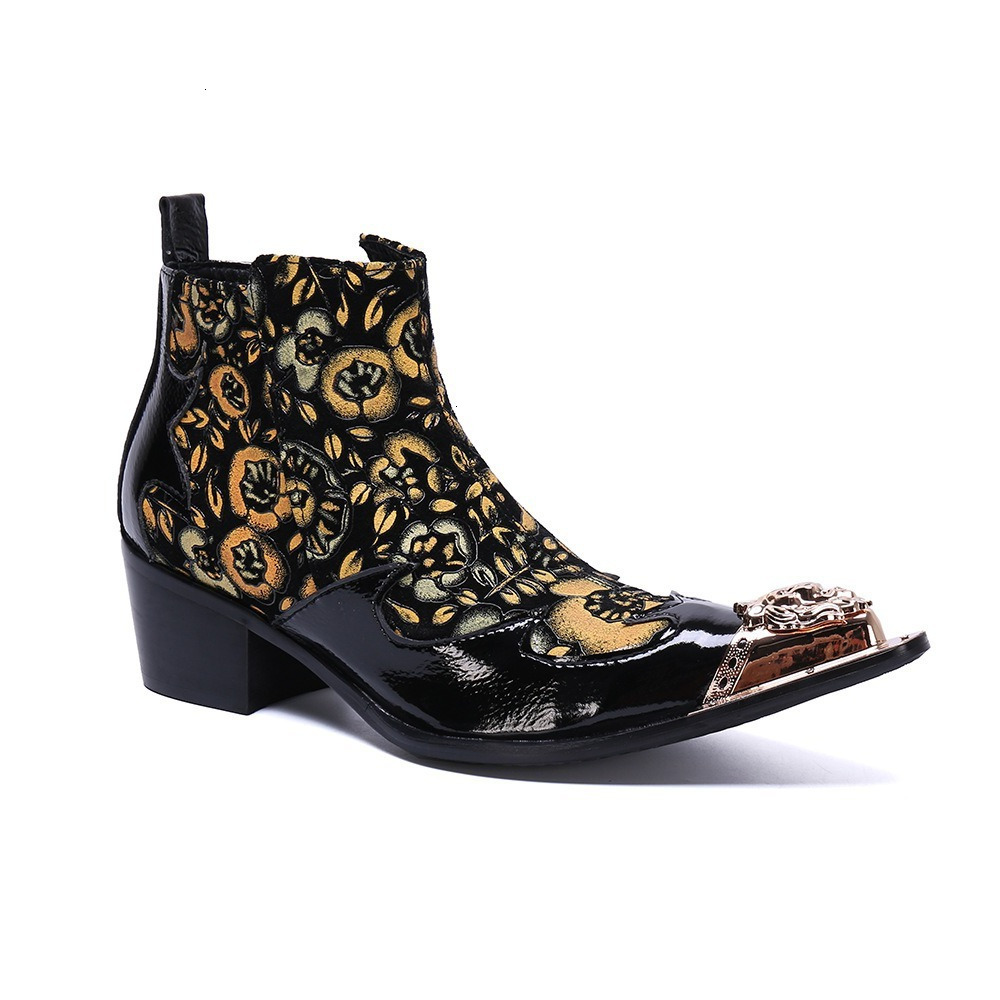 Men Fall Winter Gothic Rock Chelsea Boots Pointed Toe Chunky Heel Slip On Floral Jacquard Metal Tip Stage Party Shoes Plus Size