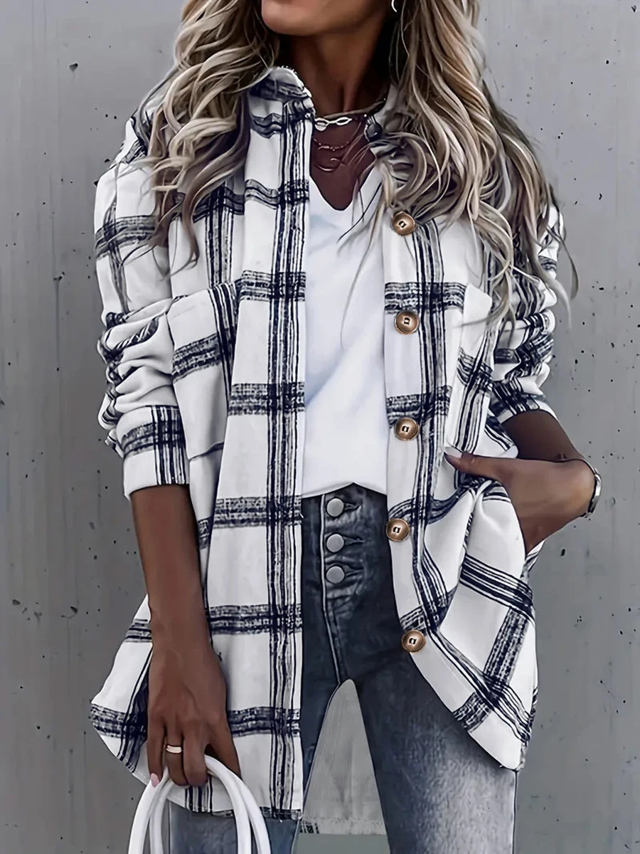Women's Casual Black and White Plaid Button Down Long Sleeve Shirt Blouse Top with Pockets Fashion Korean Spring Summer Wear 260920