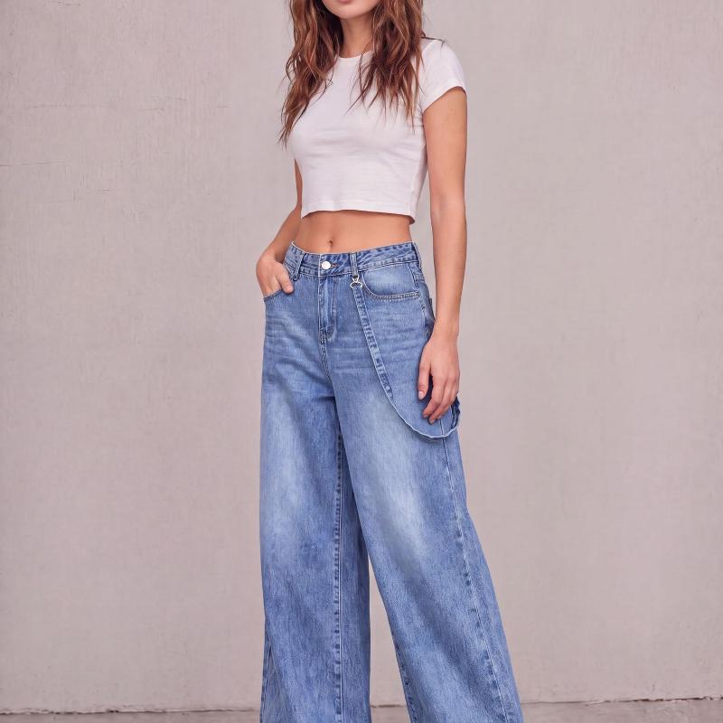Ladies Blue Wash High Waist Super Wide Leg Jeans Detachable Waist Strap Decor Side Slit Hem Loose Fit Denim Trousers Button Zipper Fly Denim Pants