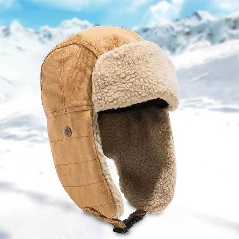 mens Winter and womens canvas Lei Feng hat plush thickening warm ear protection outdoor hiking riding skiing cold S26092428OG