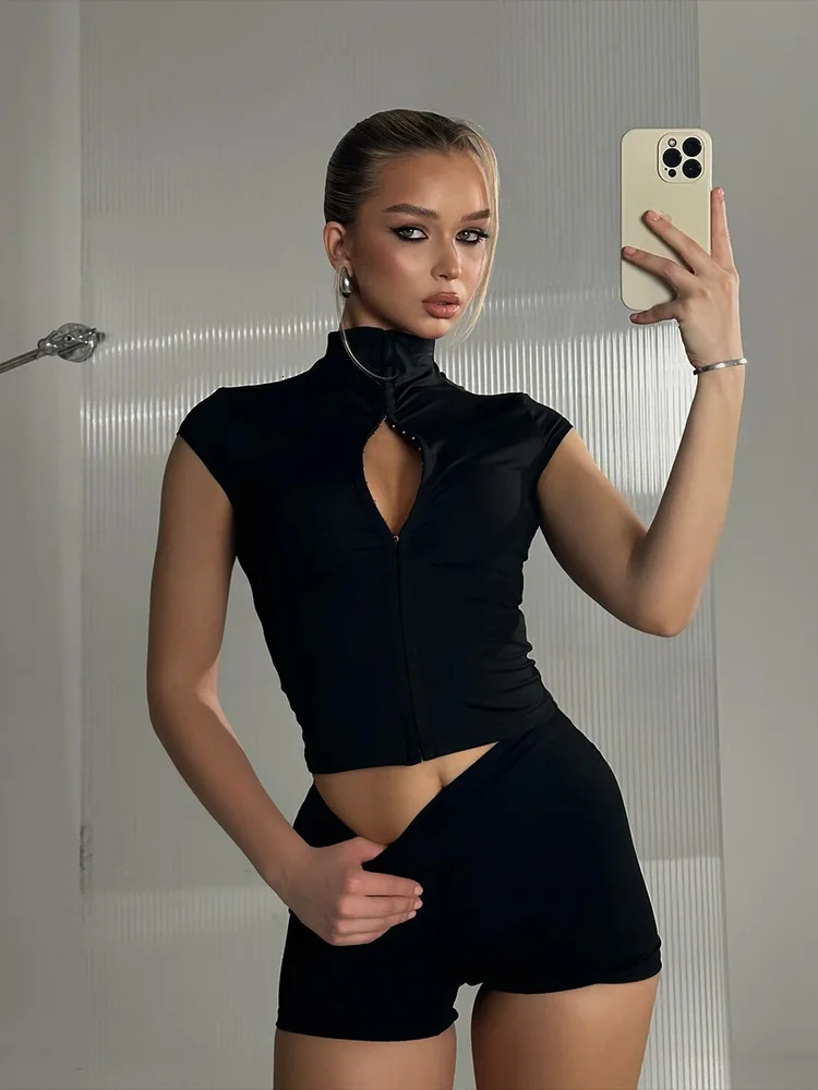 Huhugirl 2 Piece Set Top And Pants Hollow Out Short Sleeves Solid Slim Sheath Summer Elegant Casual Chic ned For Women 260923