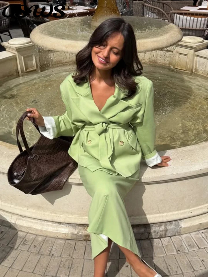 Elegant Solid Womens Blazer Skirts Suit Full Sleeve Lapel Belt Coat Slim Long Skirt Lady Set 2026 Autumn Office Green 260924