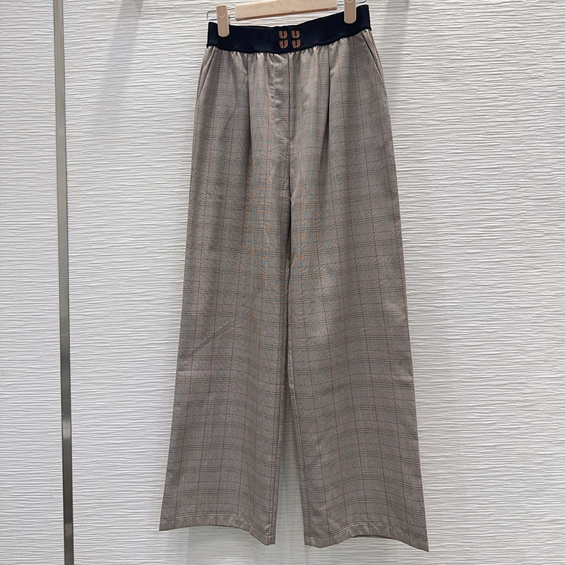 Women Plaid Casual Pants Designer Elastic Waist Straight Wide Leg Thin Maillard Style Pant Summer Sporty Home Versatile Retro Trousers