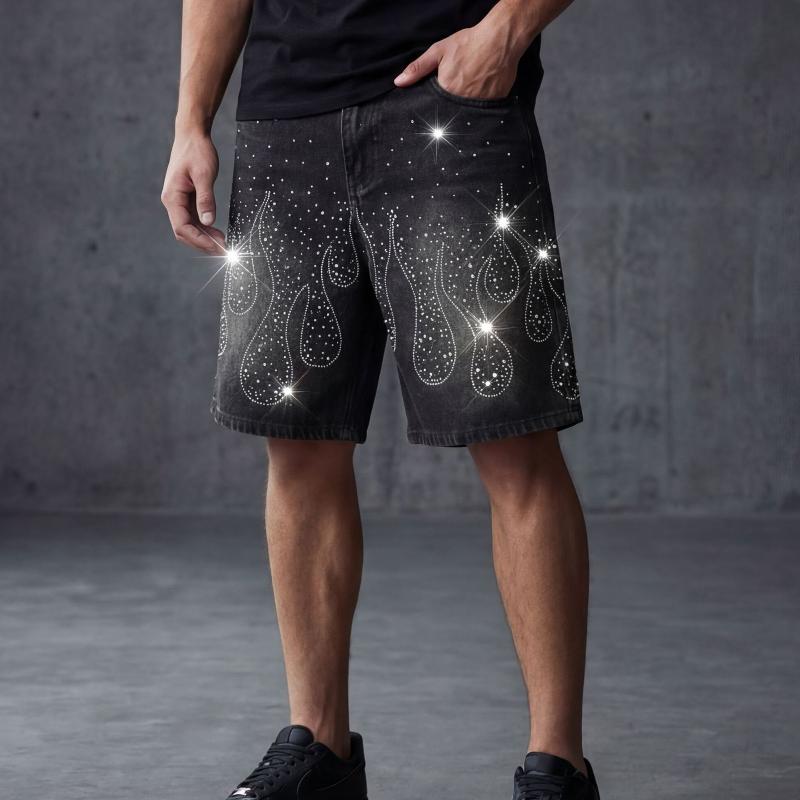 Men Black Washed Denim Shorts Mid Waist Flame Hot Drill Decor Loose Fit Knee Length Jean Shorts Classic Button Fly Five Pockets Sparkly Denim Shorts