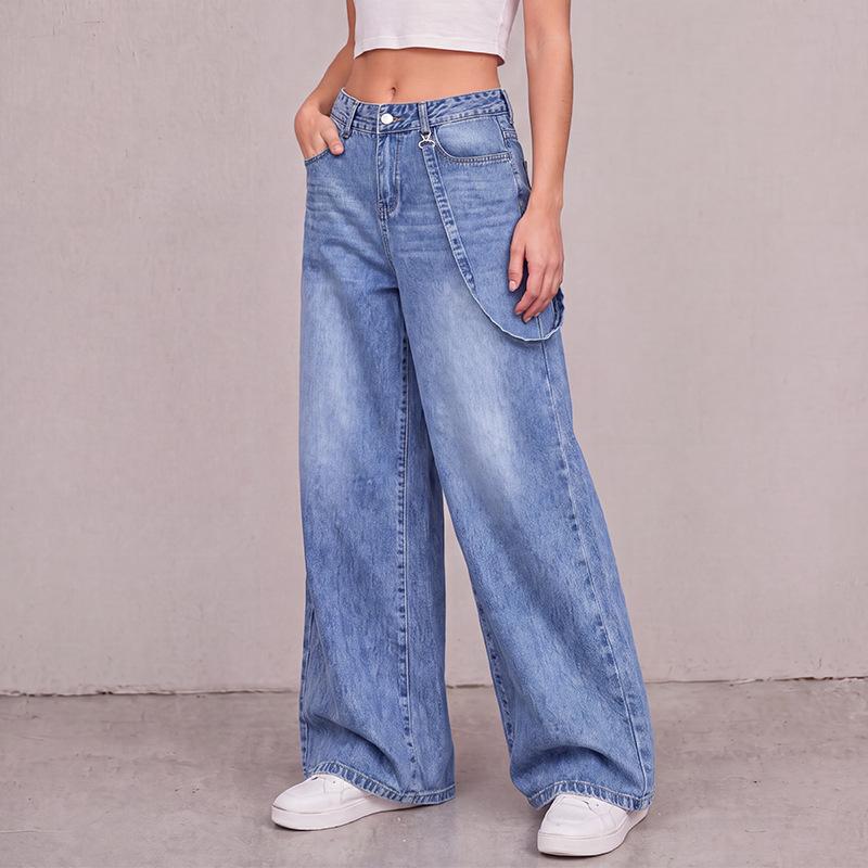 Pantalon en jean vintage bleu délavé à jambes larges pour femme - Taille haute - Détail de sangle - Ourlet fendu sur le côté - Jean ample sur tou