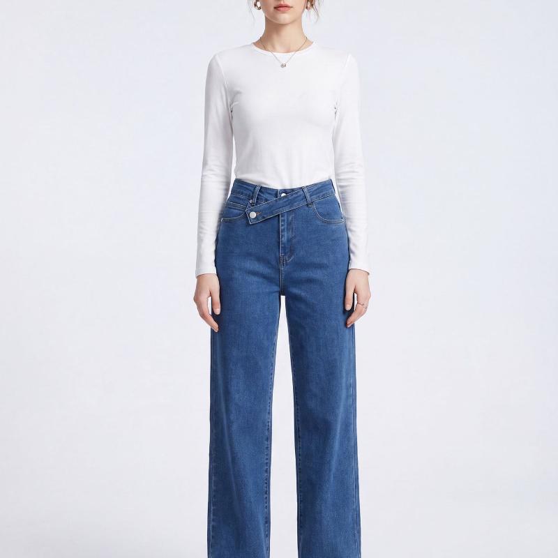 Pantalon en Denim taille haute pour femmes, jambes larges, détail de taille croisé, bleu uni, lavage classique, cinq poches, jean Long décontract