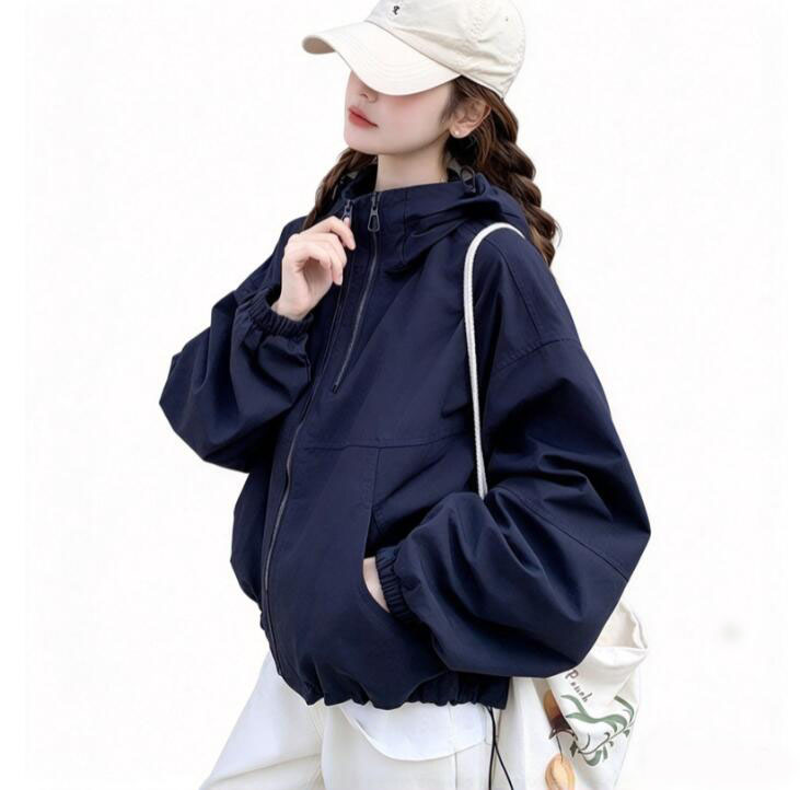 Women's Hooded Windbreaker Jacket, Korean Loose Cropped Outdoor Windproof Coat, Casual Half Zip Lightweight Short Outerwear for Fall