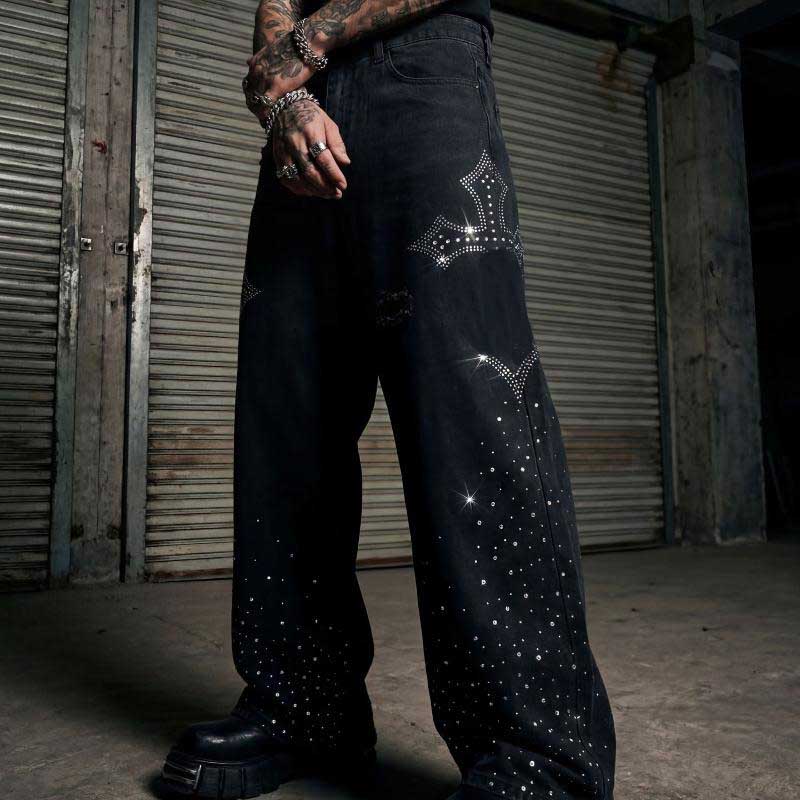 Men Vintage Black Wash Distressed Ripped Jeans Wide Leg Loose Fit Star Rhinestone Hot Drill Decor Mid Waist Button Fly Sparkly Denim Long Pants Stre