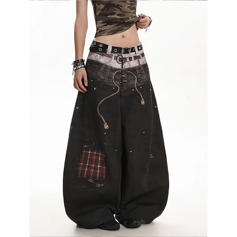 Women's Black Jeans Y2k Gyaru Punk Oversize 3D Print Denim Pants American Vintage Hiphop Baggy Denim Trousers Clothes 260920