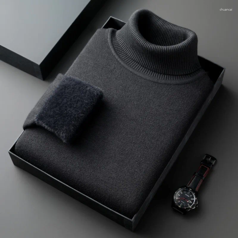 Men Autumn Winter Warm Turtleneck Wool Blend Fleece Lined Knit Sweater Thick Long Sleeve Pullover For Wholesale