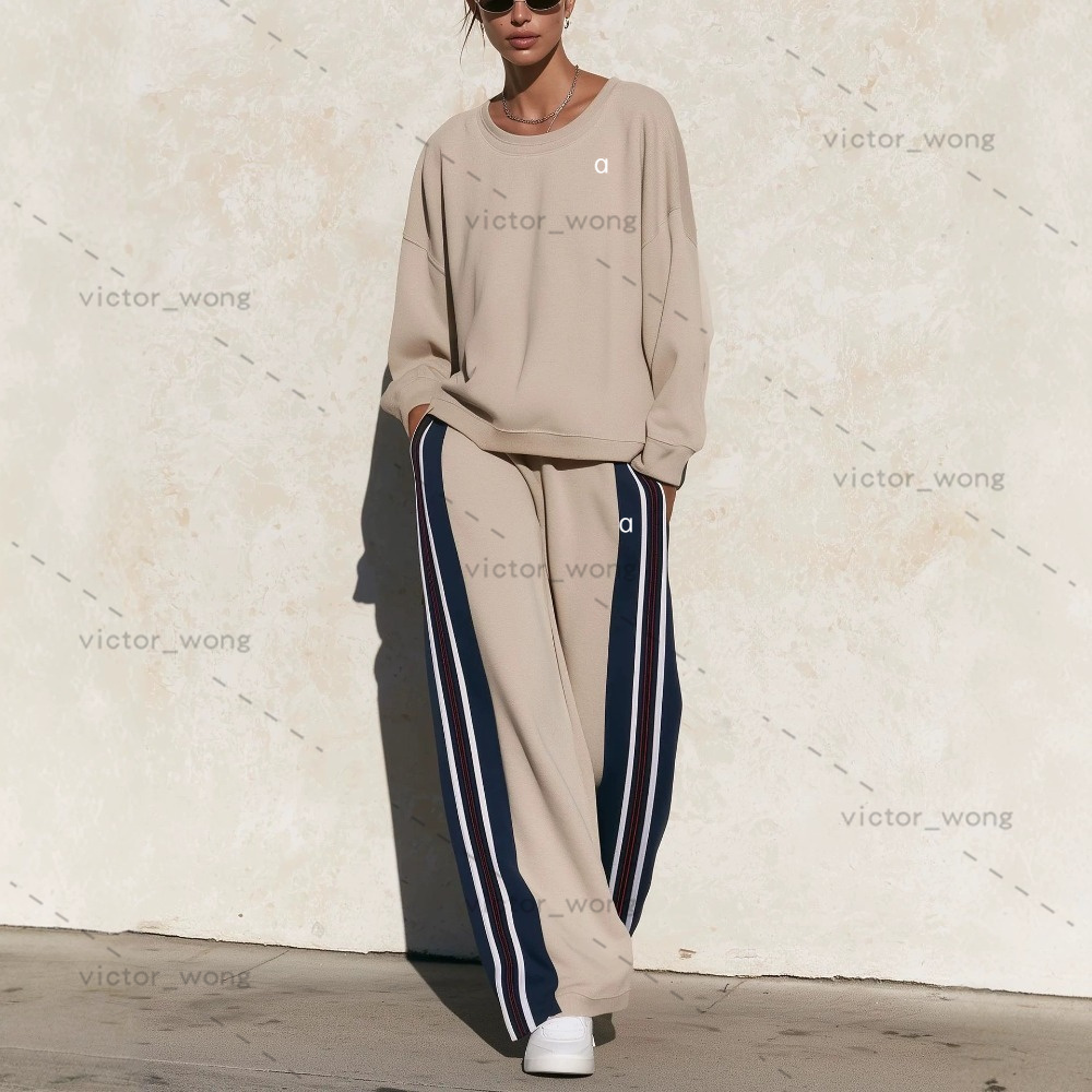 Designer Women Two Piece Tracksuit Round Neck Oversized Sweatshirt Side Striped Sweatpants Casual Loungewear Outfit Set
