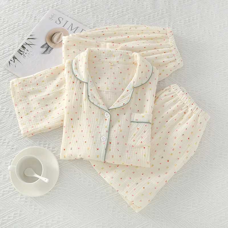Women's Sleep Lounge Pajamas Pure Cotton Three-Piece Set Spring and Summer Thin Crepe Autumn Gauze Lapel Short-Sleeved Trousers Shorts Loungewe