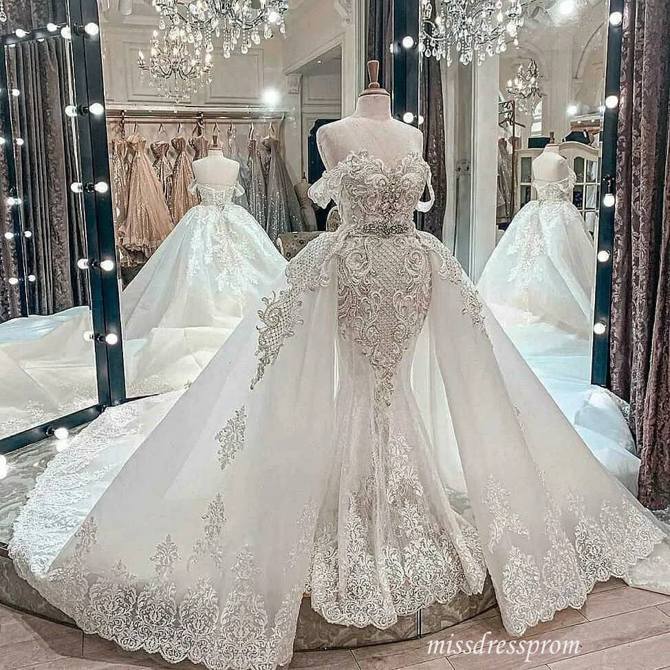 Gorgeous Beaded Lace Mermaid Wedding Dresses With Detachable Train Off The Shoulder Appliques Tulle Bridal Gowns Corset robe de mariee