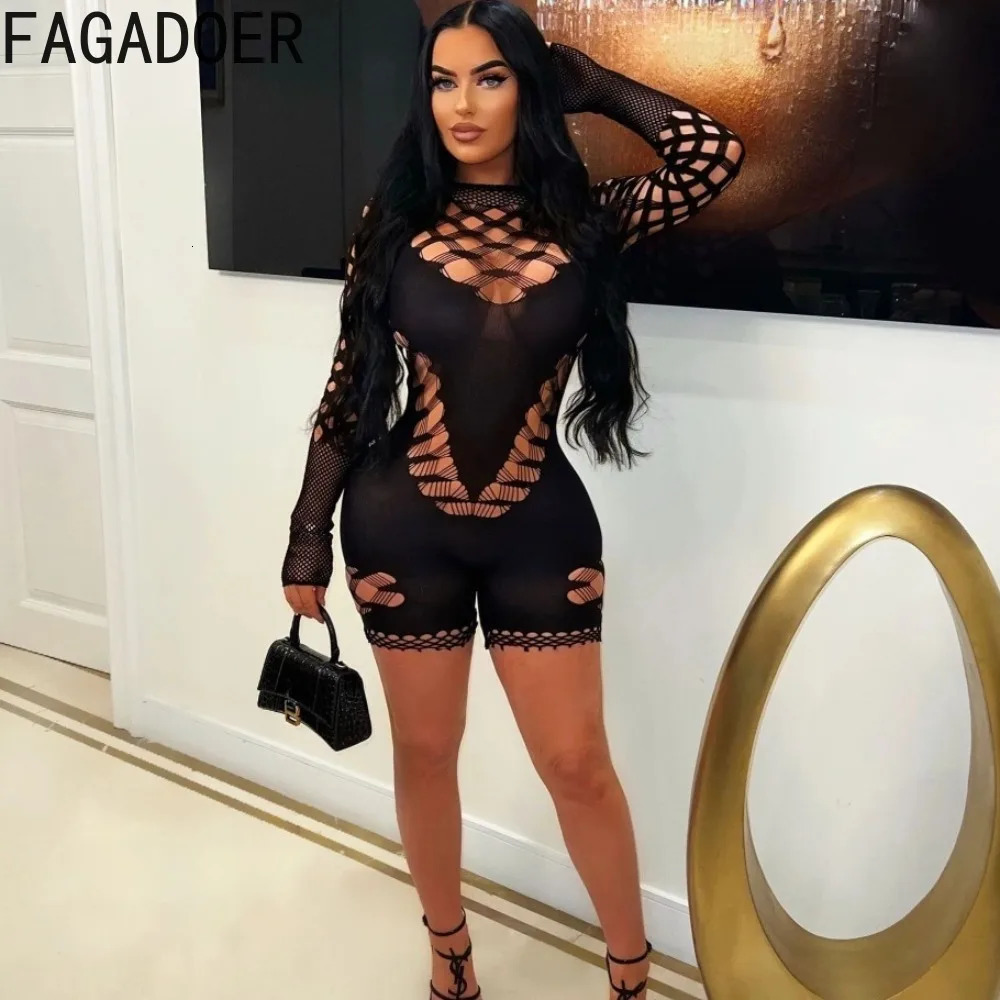 FAGADOER Black Sexy Mesh Perspective Bodycon Rompers Women Round Neck Long Sleeve Slim Jumpsuits Fashion Nightclub Overalls 260918