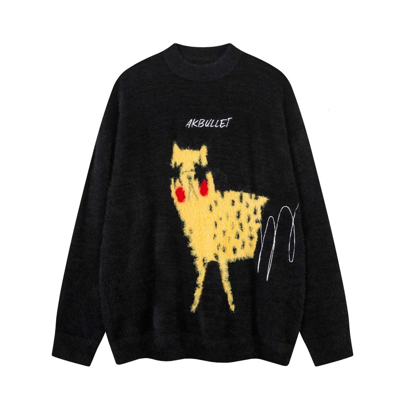 Sweaters IEFB Men's Black Fuzzy Knit Sweater Men Abstract GraffitiStyle Cheetah Graphic MockNeck Loose LongSleeve Streetwear Pullover 9X4464 C2