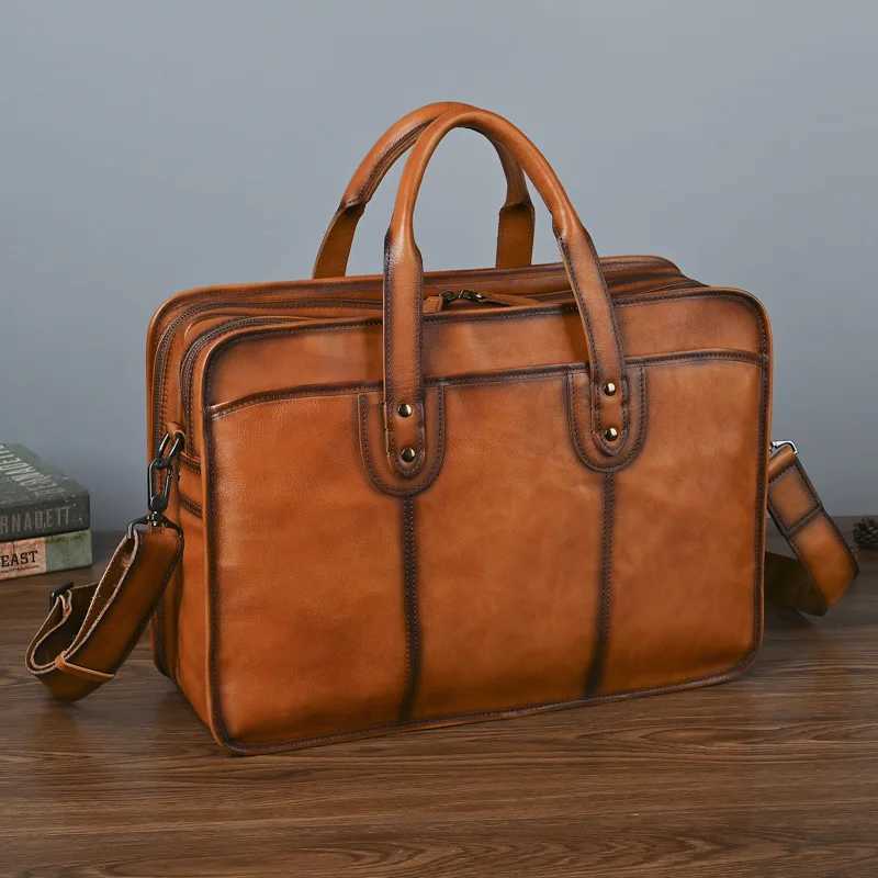 Briefcases Vintage Genuine Leather Men's Briefcase Large Laptop Bags Cowhide Leather Men Handbag Shoulder Bag Gift for Men Bags top Quality H26