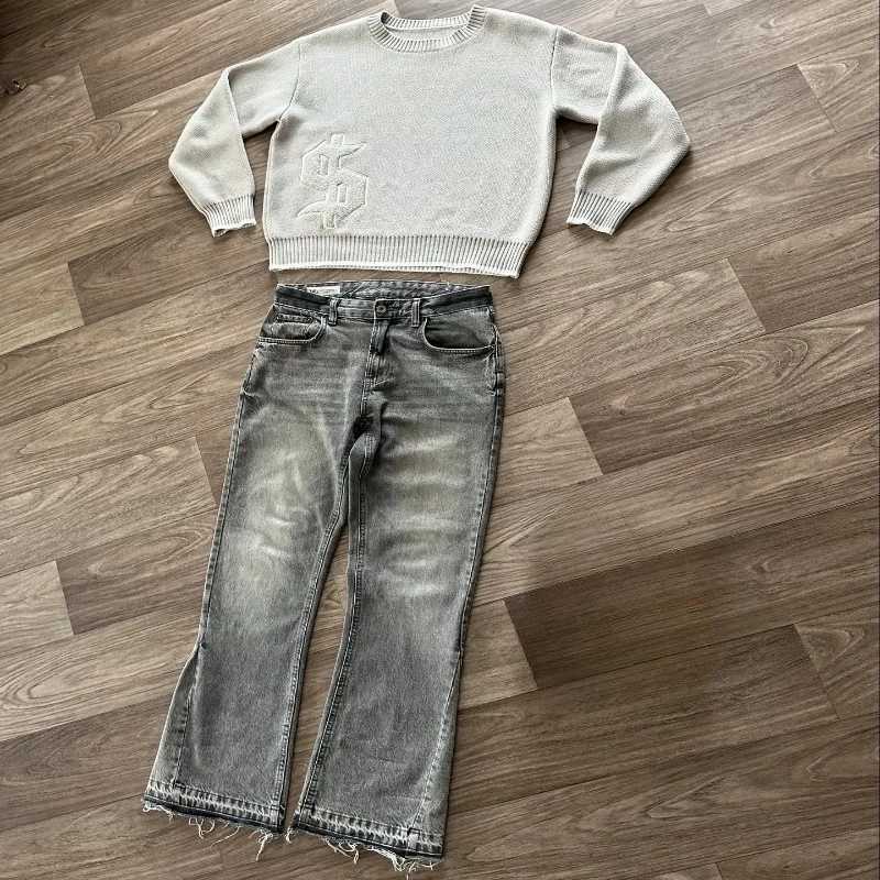 Hip Hop Dollar Embroidery Streetwear Unisex Baggy Set 2 pcs Set Y2K Autumn Winter Retro Knitted Sweater Jeans Suit Trendy T260924