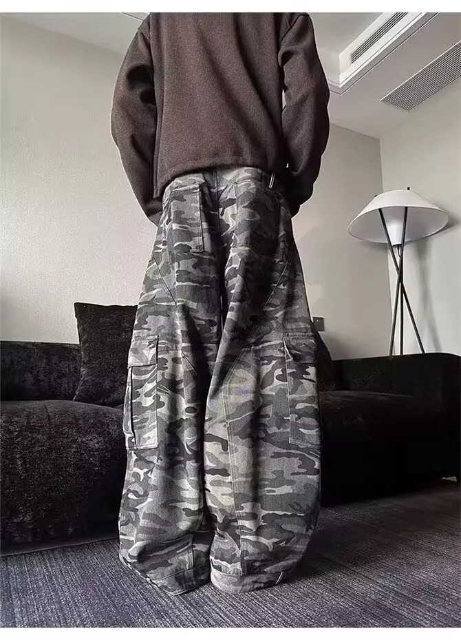Men's Jeans Large PoCKet Curved Wide Leg Camouflage Pants Cool Street Straight BotTOMS New Trendy Contrast Color High Street Male Trous H260924