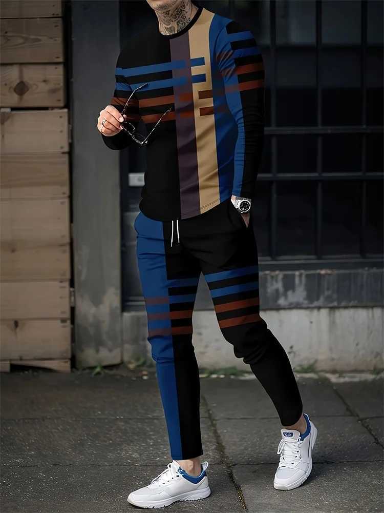 Men's Sport T-Shirts Pants Suits Color Block 3D Print T Shirt Pants 2Pcs Sets Men/Women Long Sleeve Tracksuit 2Pcs Jogger Outfit T260924
