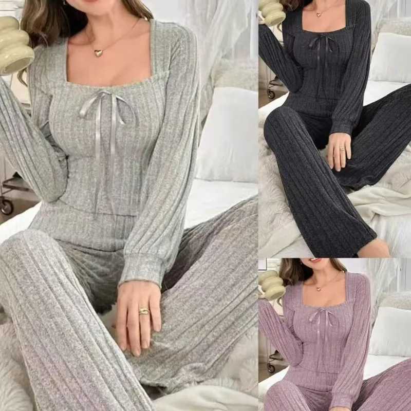Pigiama lungo da donna autunno/inverno in stile americano con scollo a U, tessuto a costine spazzolato, comodo pigiama per l'inverno H260924