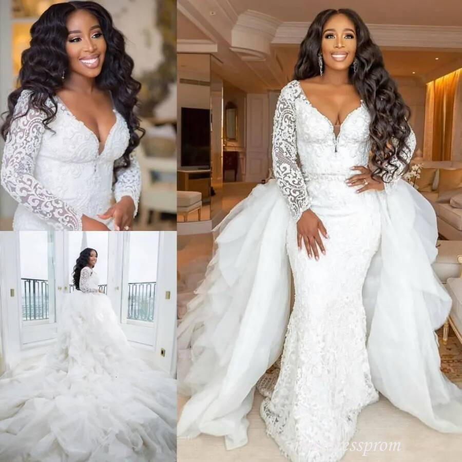 Plus Size ASO EBI Mermaid Lace Wedding Dresses Beaded Deep V Neck Long Sleeves Bridal Gowns With Detachable Train robes de mariee