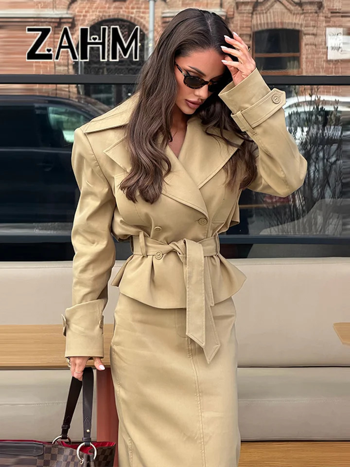 Elegant Solid Womens Coat Skirts Suit Long Sleeve Lapel LaceUp Lady Top Long Skirt Set 2026 Autumn Fashion Female Outfits 260922