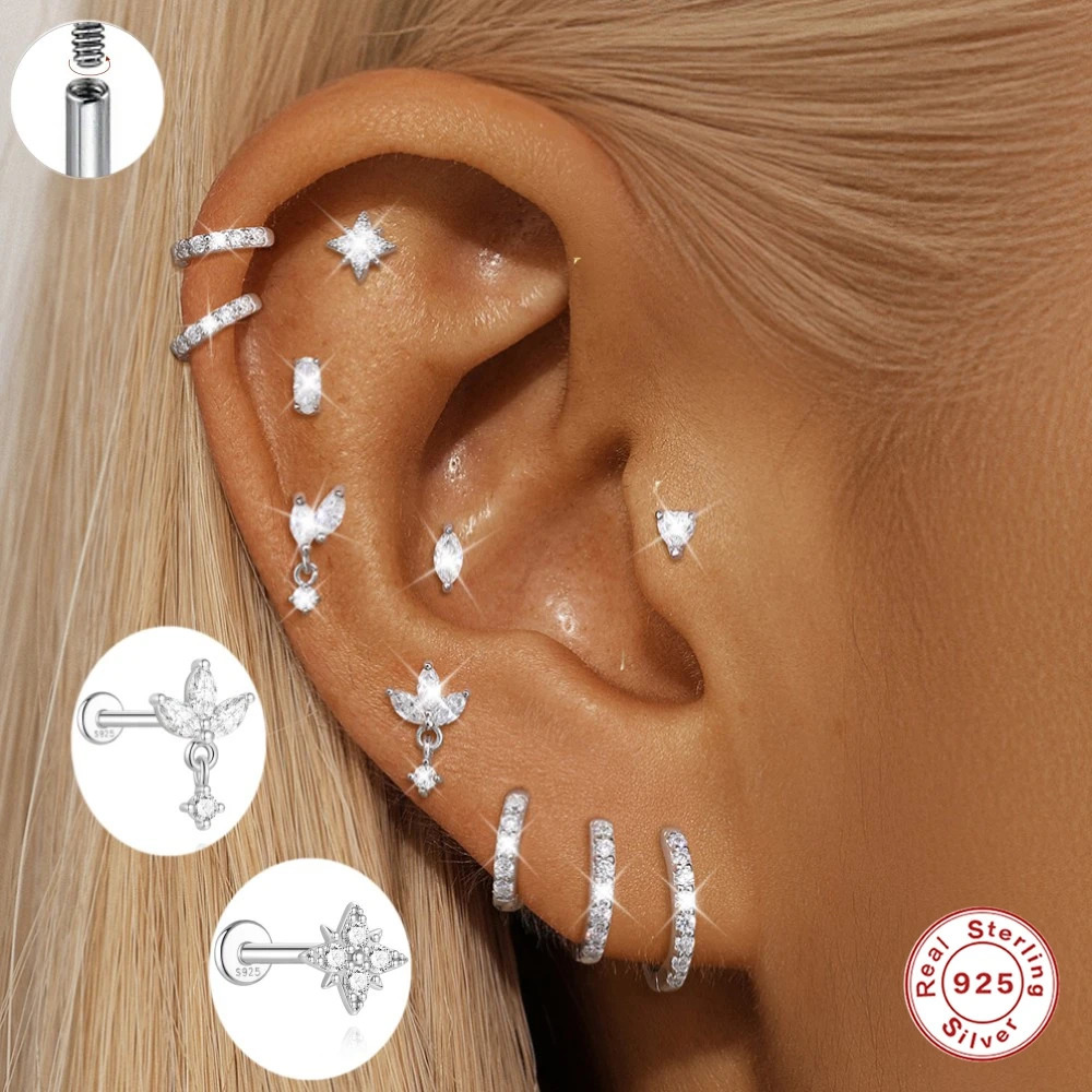 AIDE 1PC Sparkling Piercing Stud Earrings 925 Sterling Silver Shining Circle Earring For Women Ear Bone Earring Jewel 260924